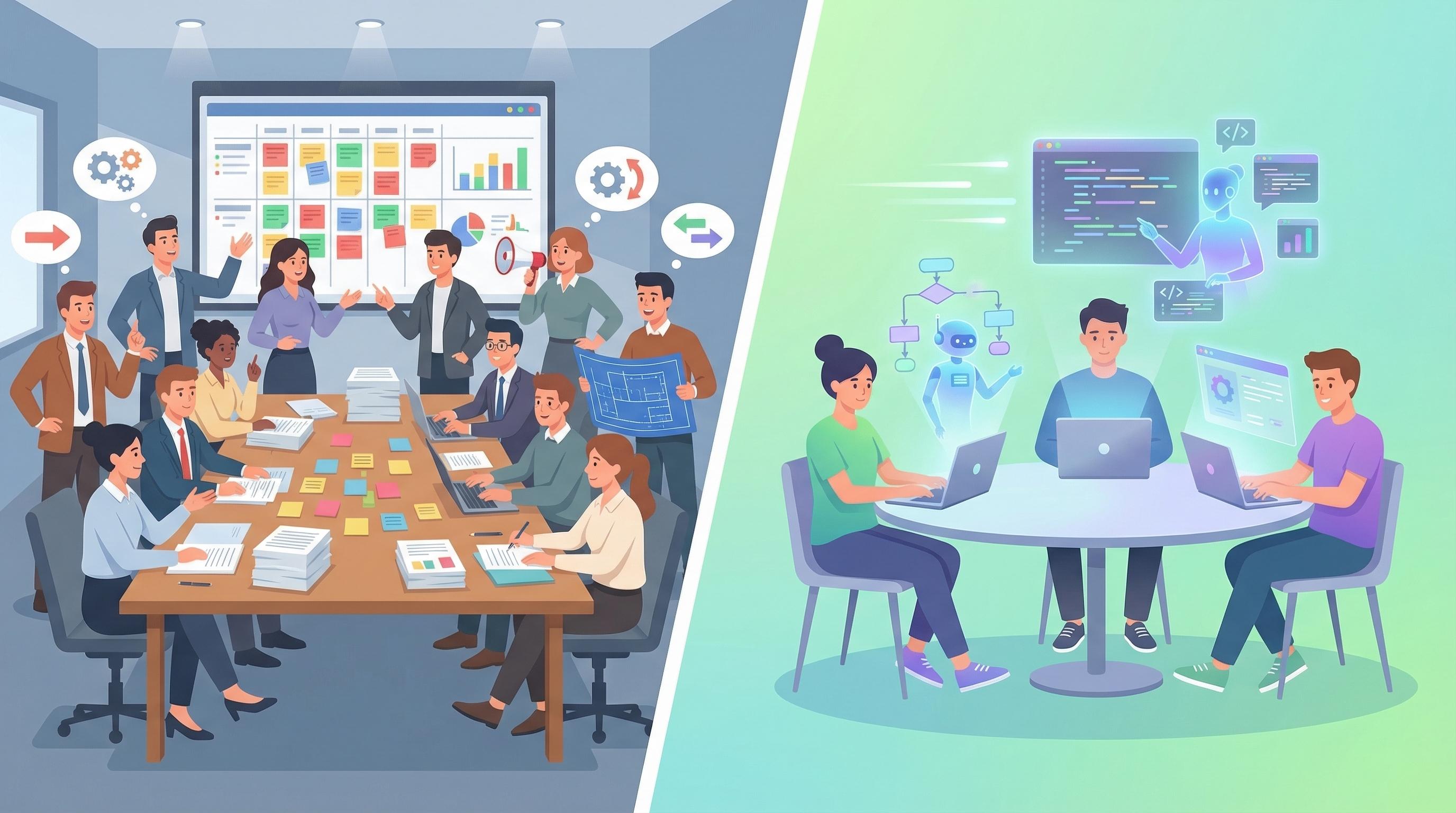Old way vs new way: large team with Jira boards vs small team with AI agents