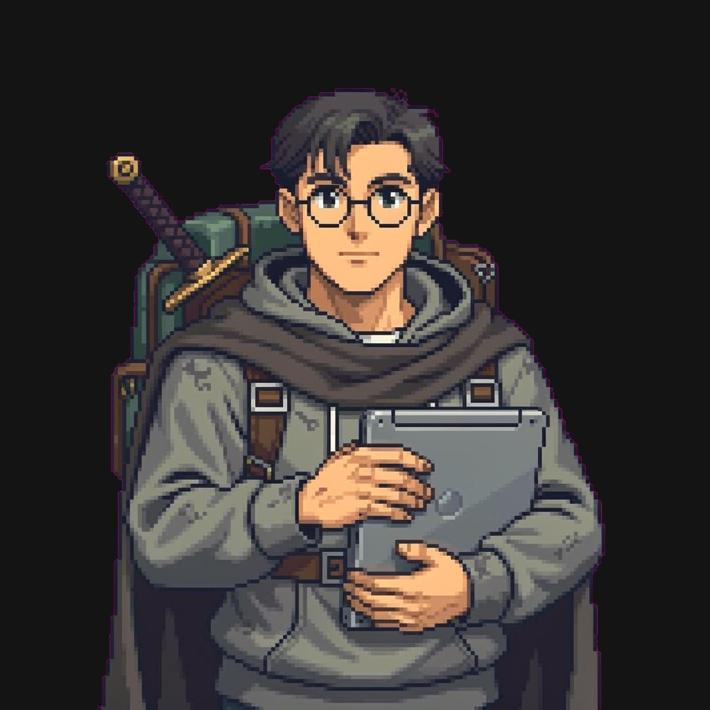 Pixel adventurer with a laptop, sword, and backpack